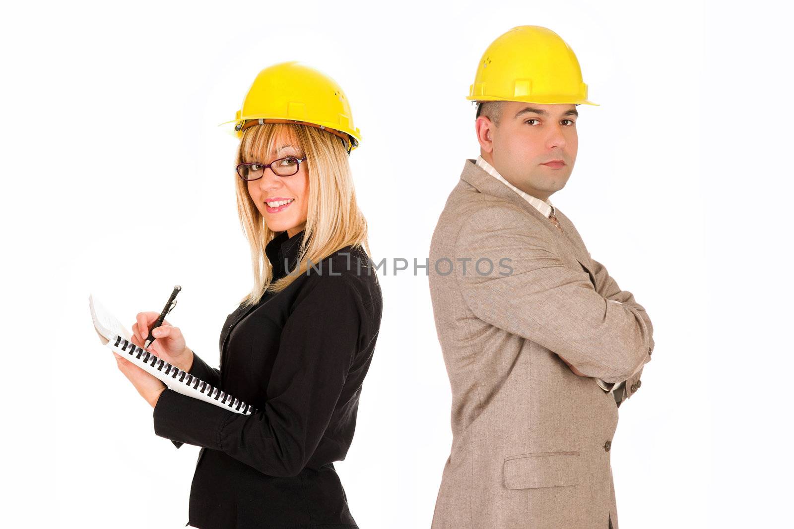 businesswoman and architect on white background