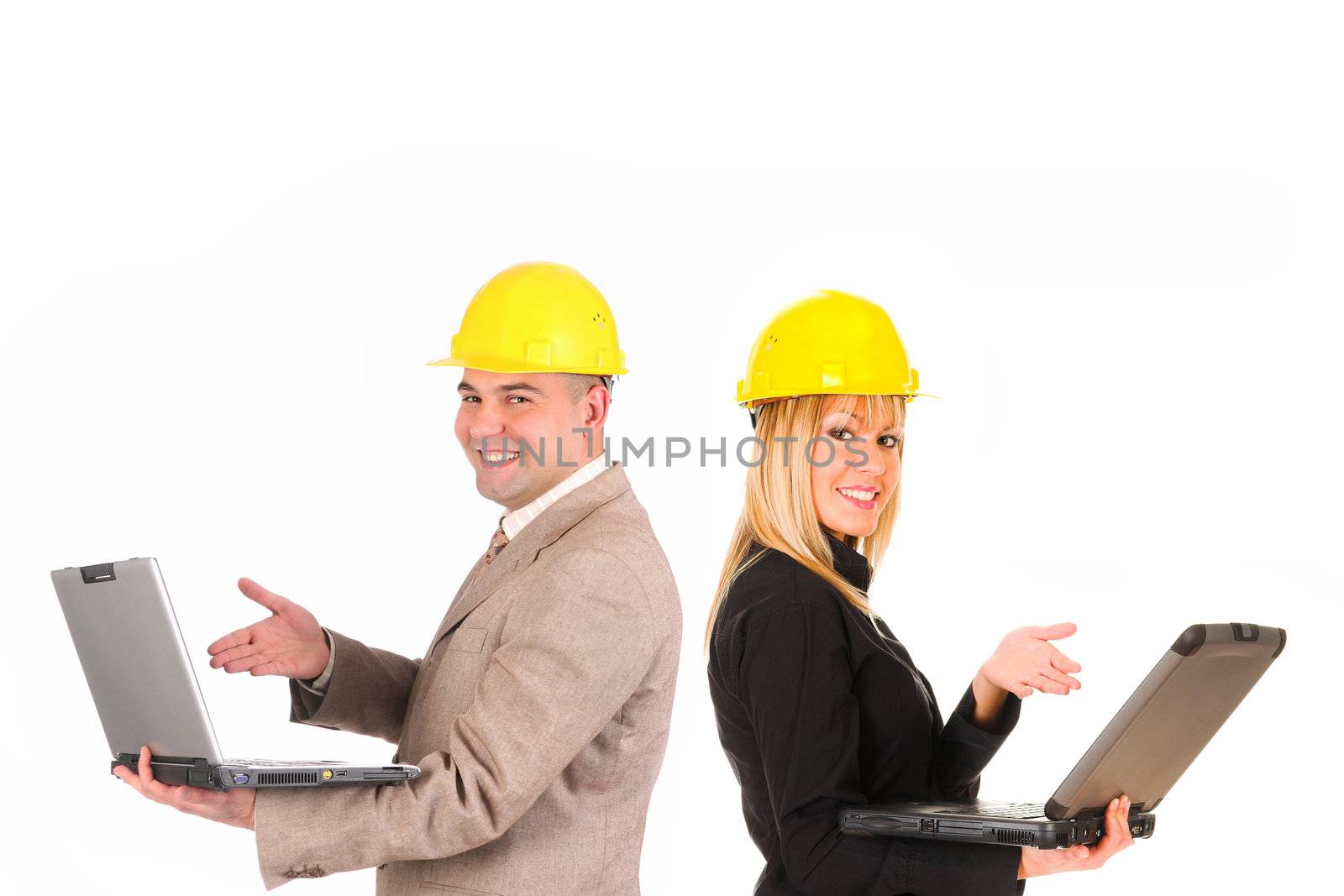 couple of architect with notebooks on white background