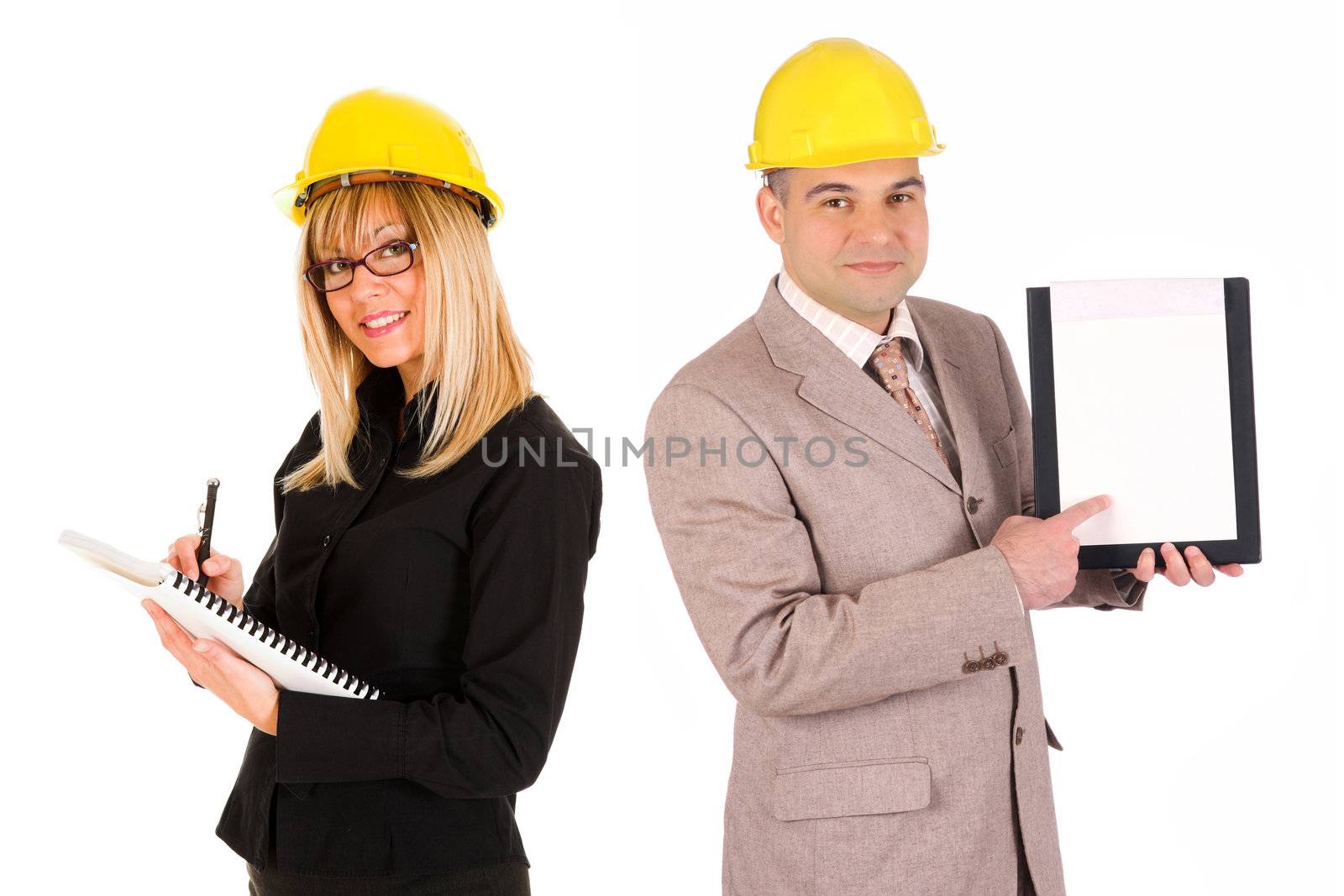 businesswoman and architect on white background