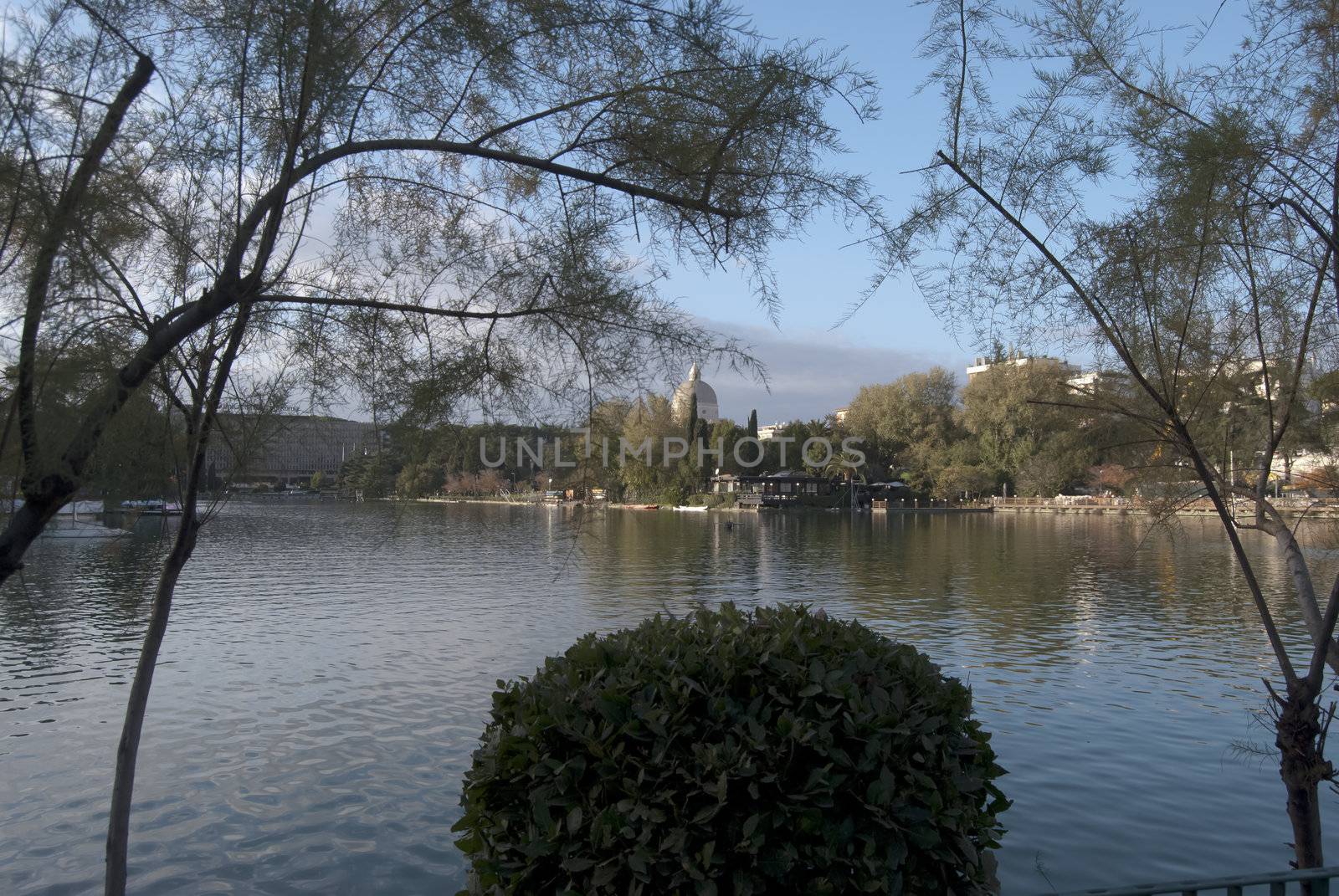 Rome. The artificial lake of the Eur district. In this lake are played many sporting events