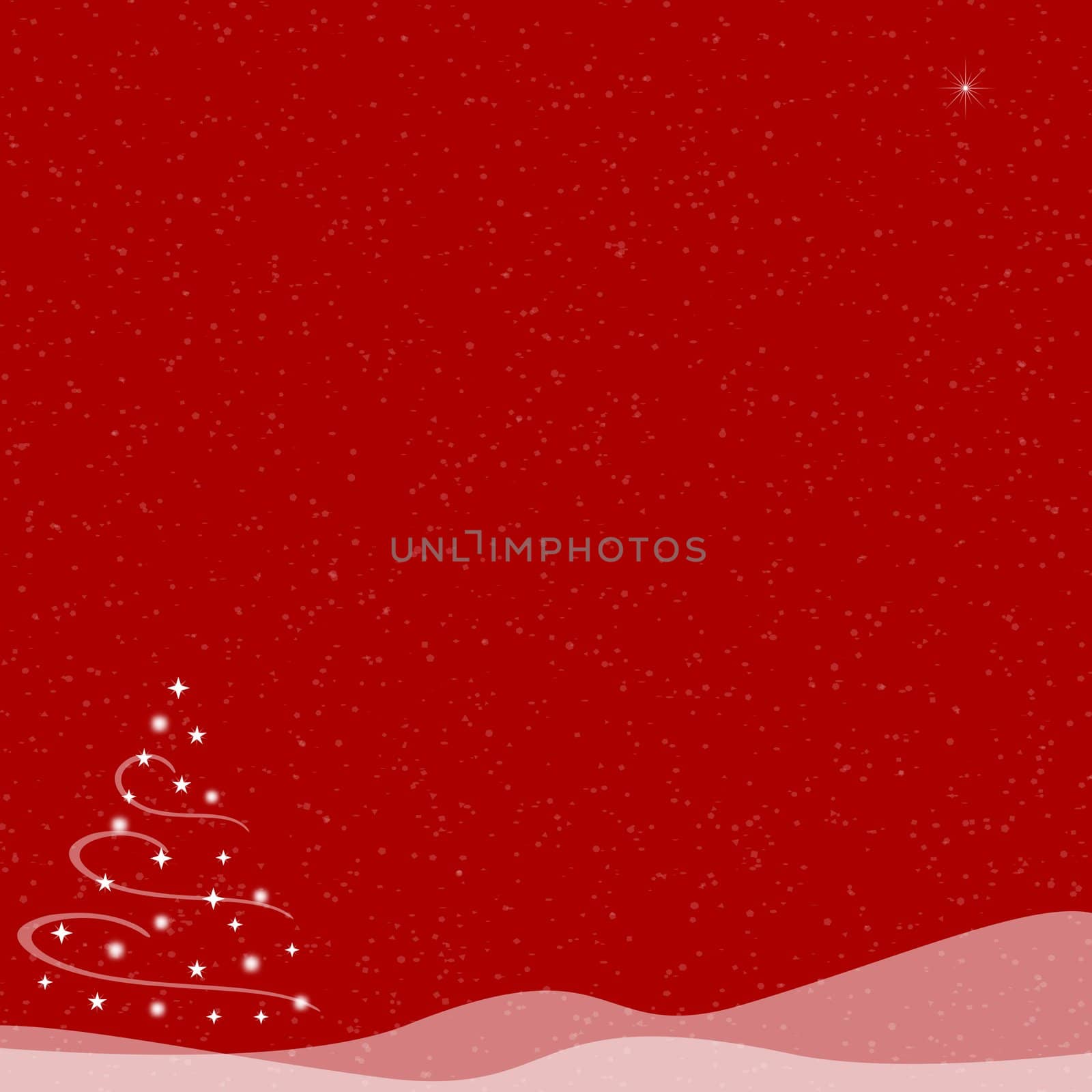 Abstract illustration of of a Christmas tree made from stars and surrounded by swirls of white on top of snow hills created with transparency.  A single star shines in the sky as snow falls on a red background.  Copy space.
