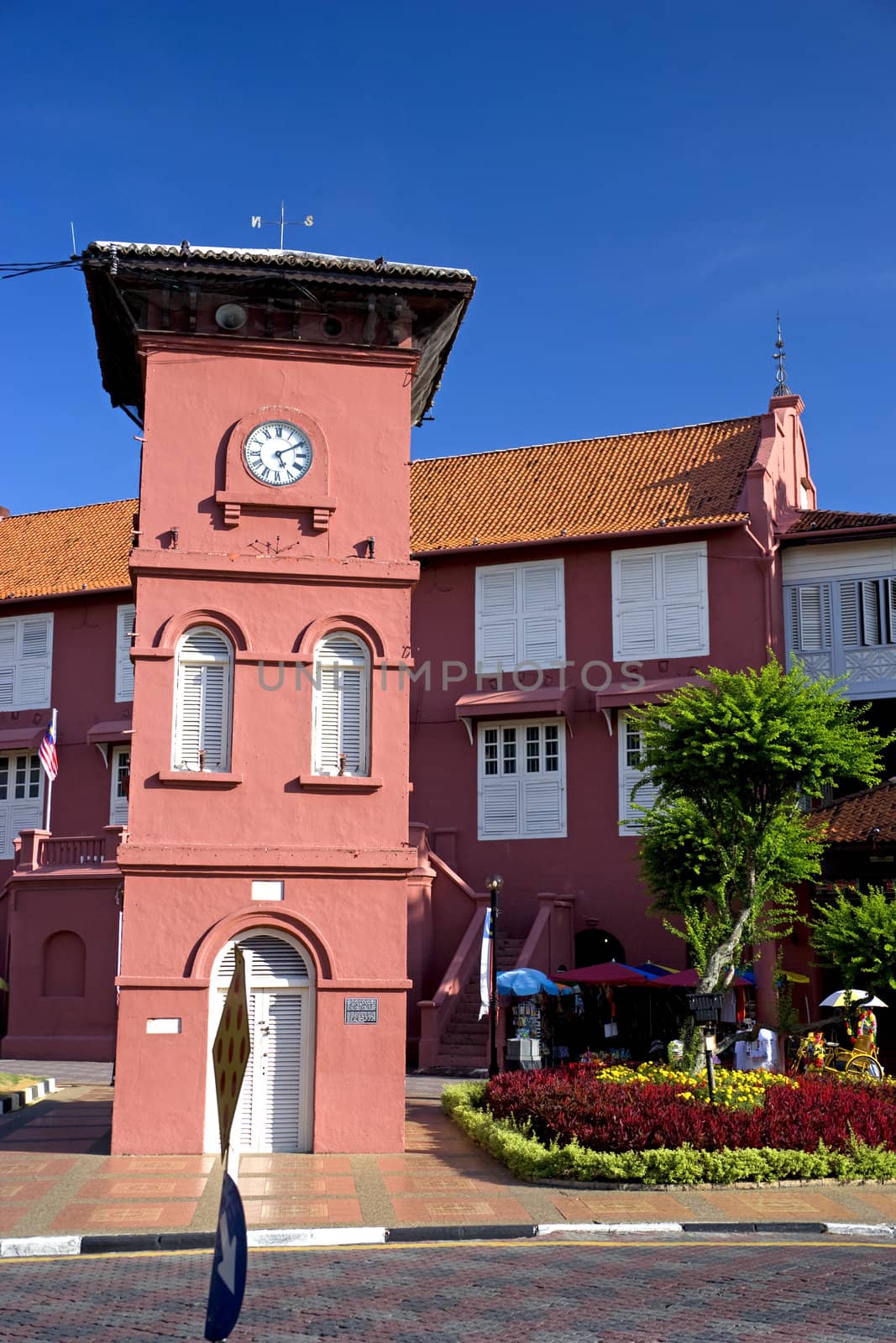 Dutch era clock tower built in the 18th century, located at the UNESCO World Heritage site of Malacca, Malaysia.