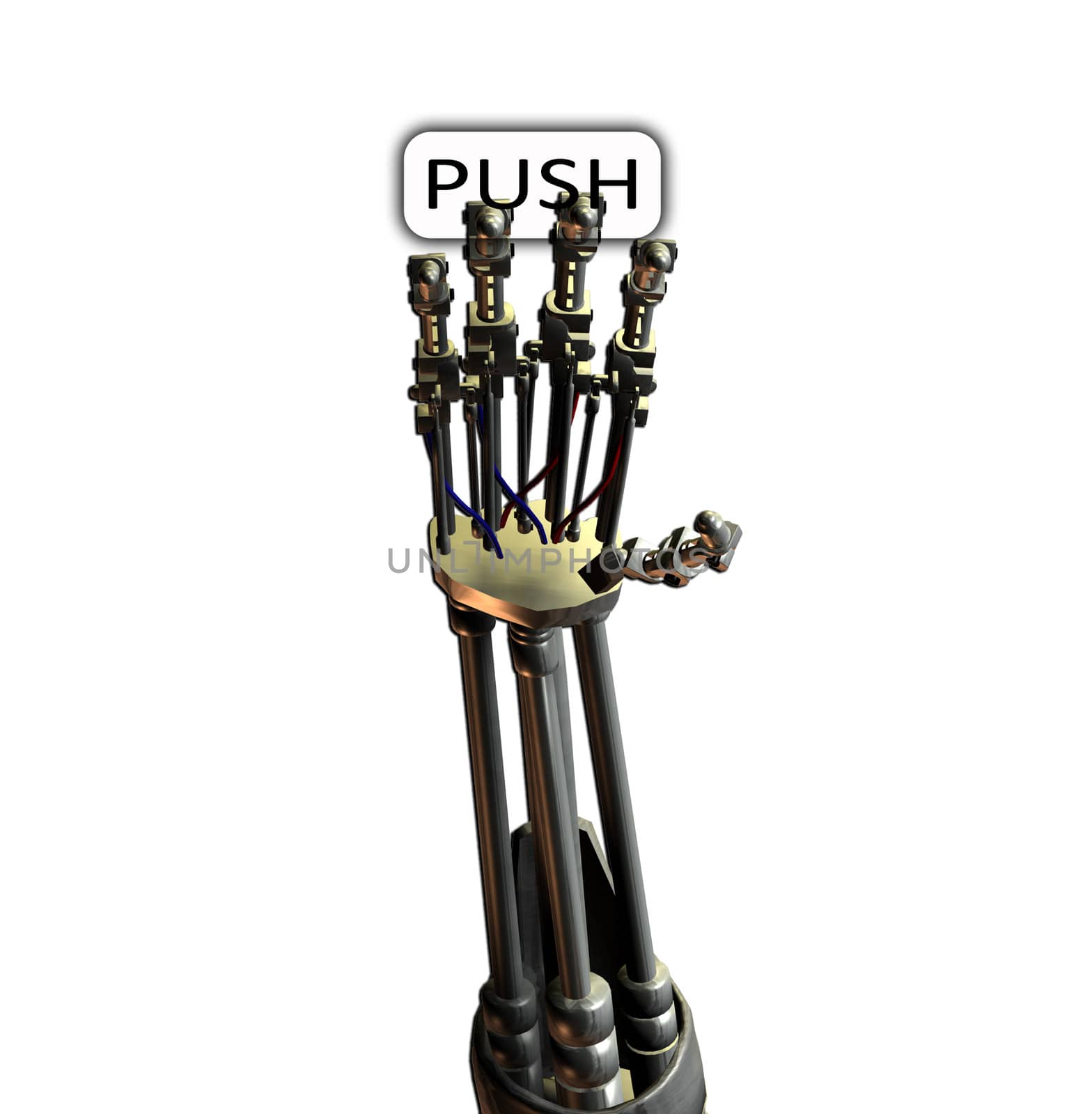 A robot hand that is pushing a button.