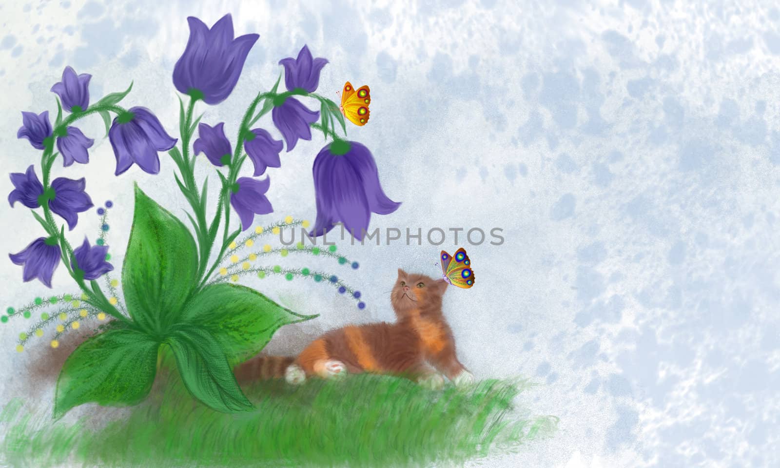 cat with a butterfly on the ear lying next to the bellflower