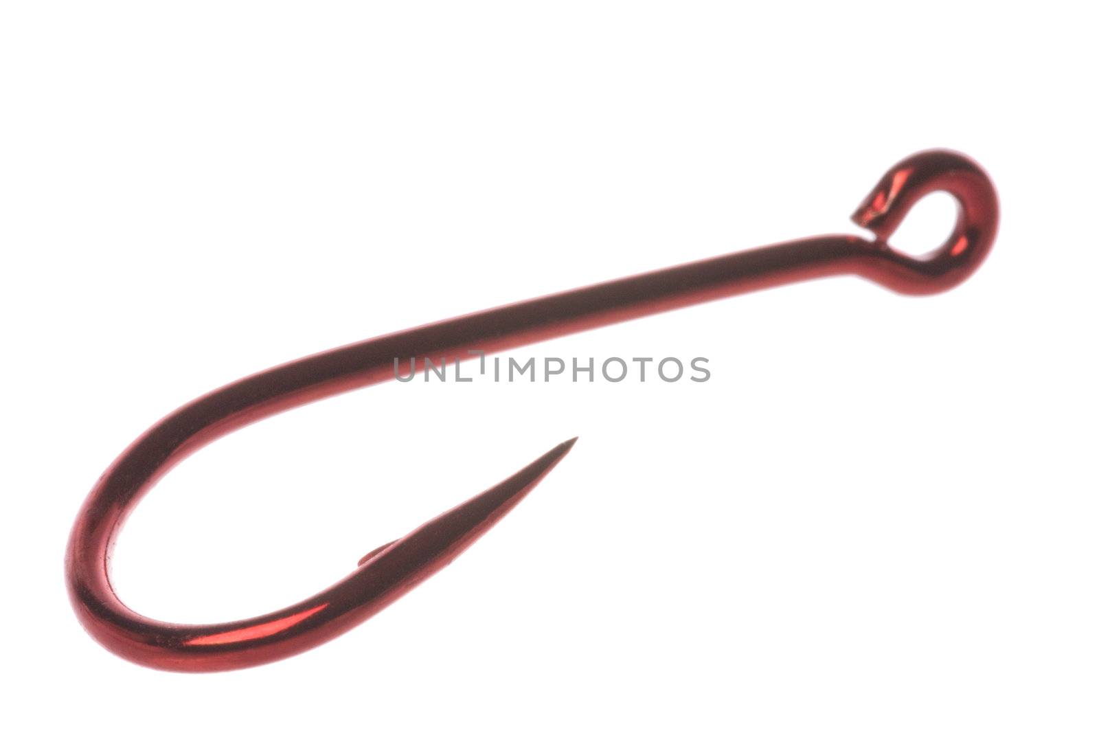 Isolated macro image of a red fish hook.