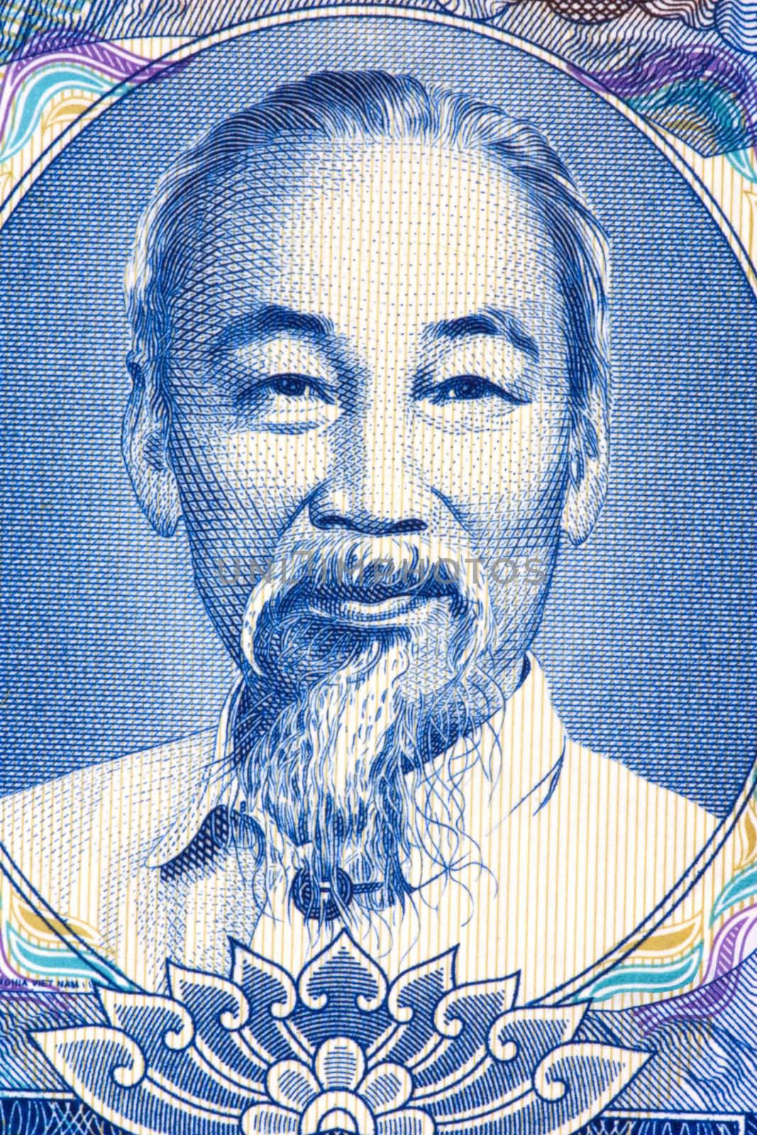 Macro image of Ho Chi Minh on an old currency note.