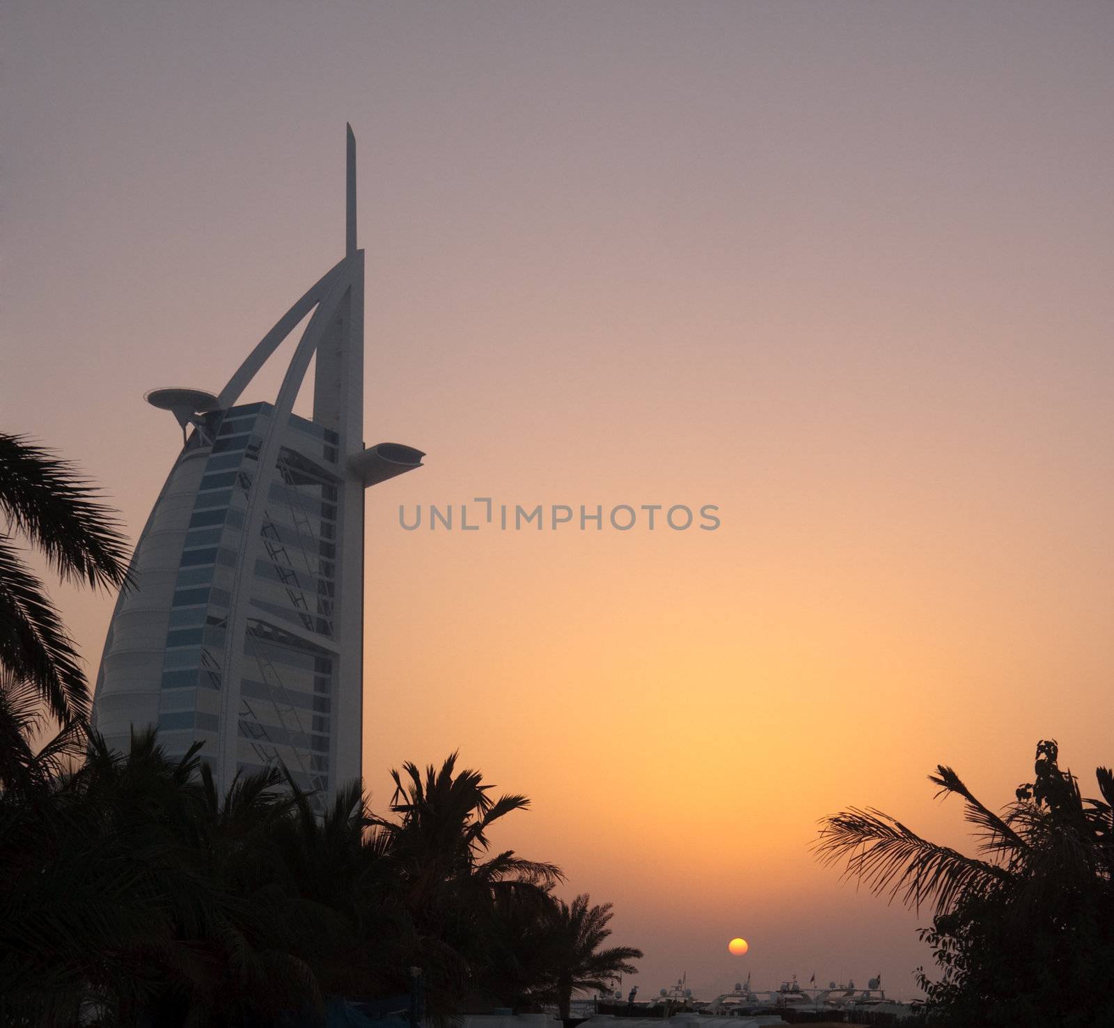 Sunset over the Burj al Arab Hotel in Dubai
