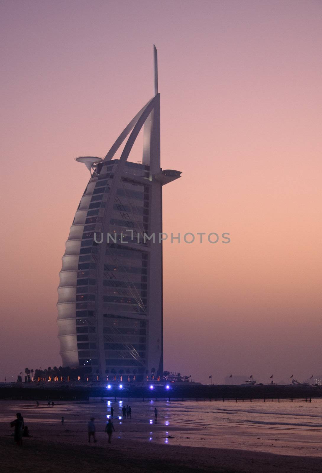 Sunset over the Burj al Arab Hotel in Dubai