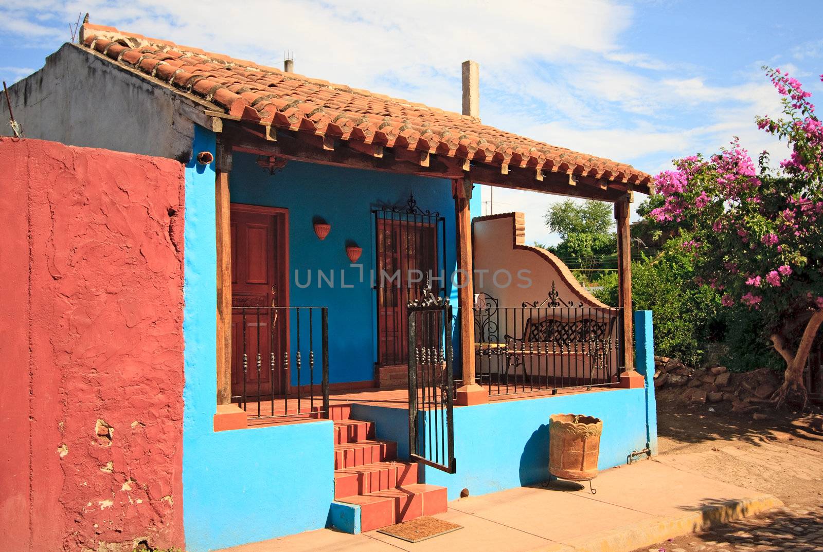 Bright blue house in El Quelite in Mexico