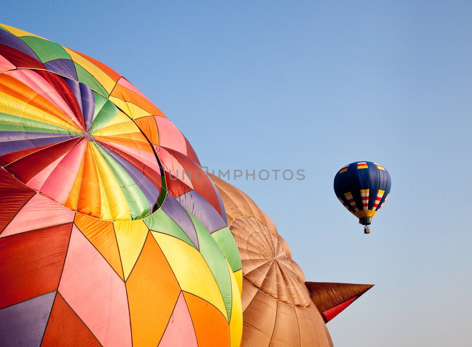 Single hot air balloon soaring into the sky above two others being inflated on the ground