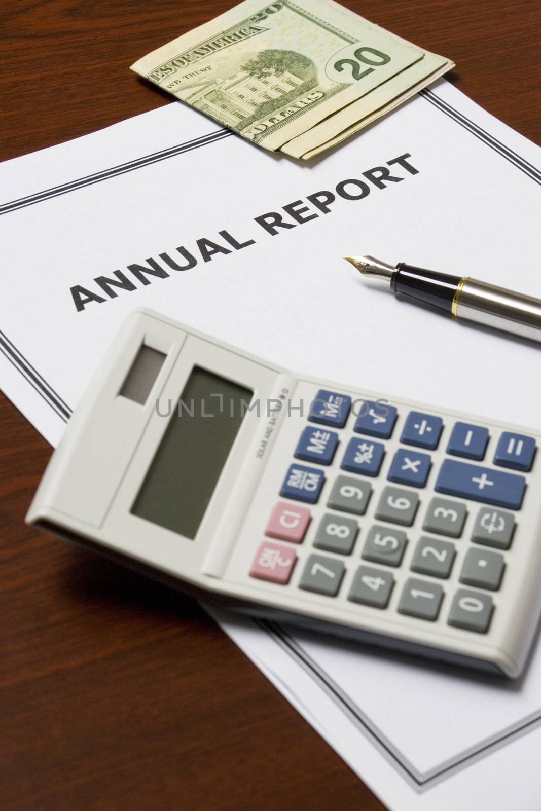 Image of an annual company report on an office table.