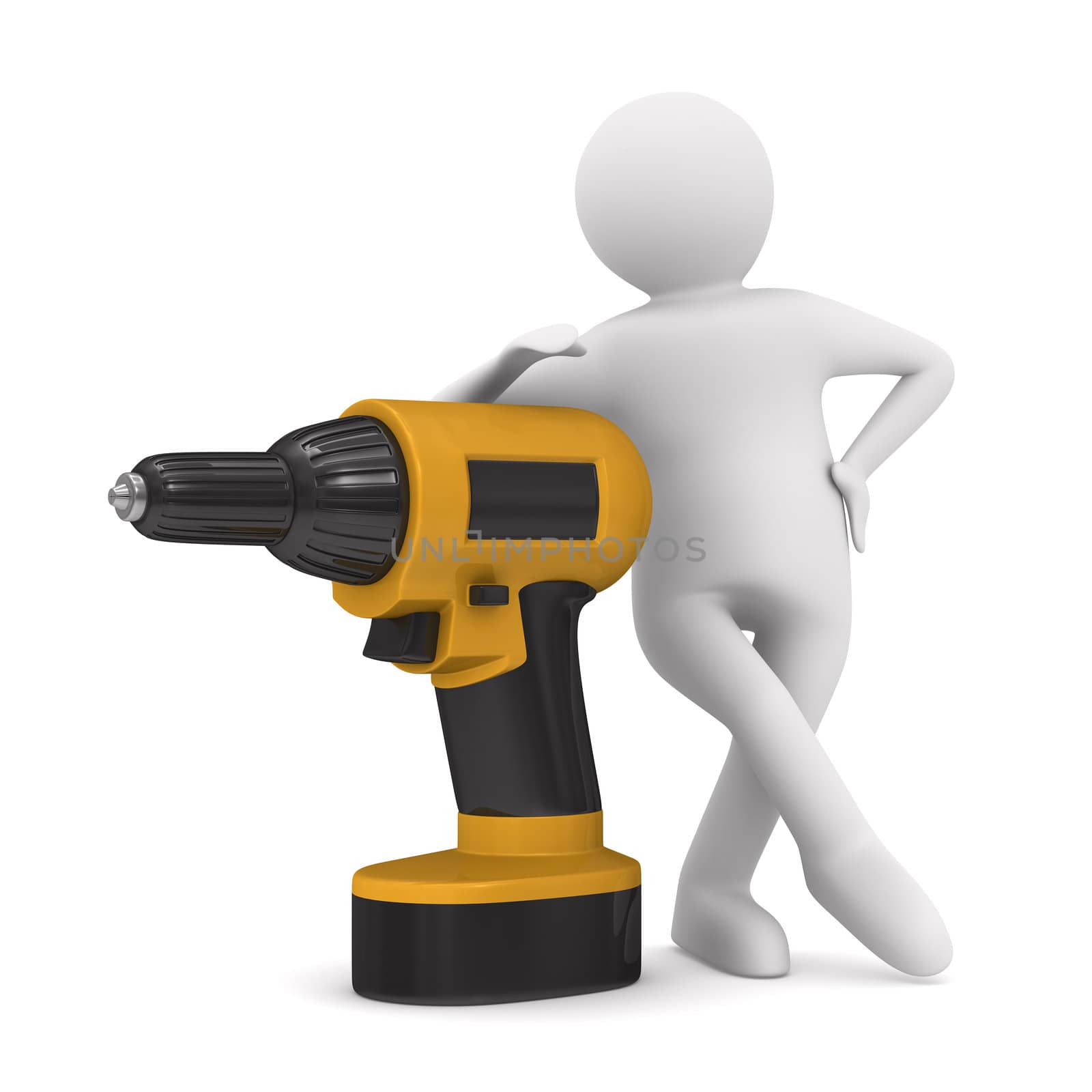 Drill and man on white background. Isolated 3D image