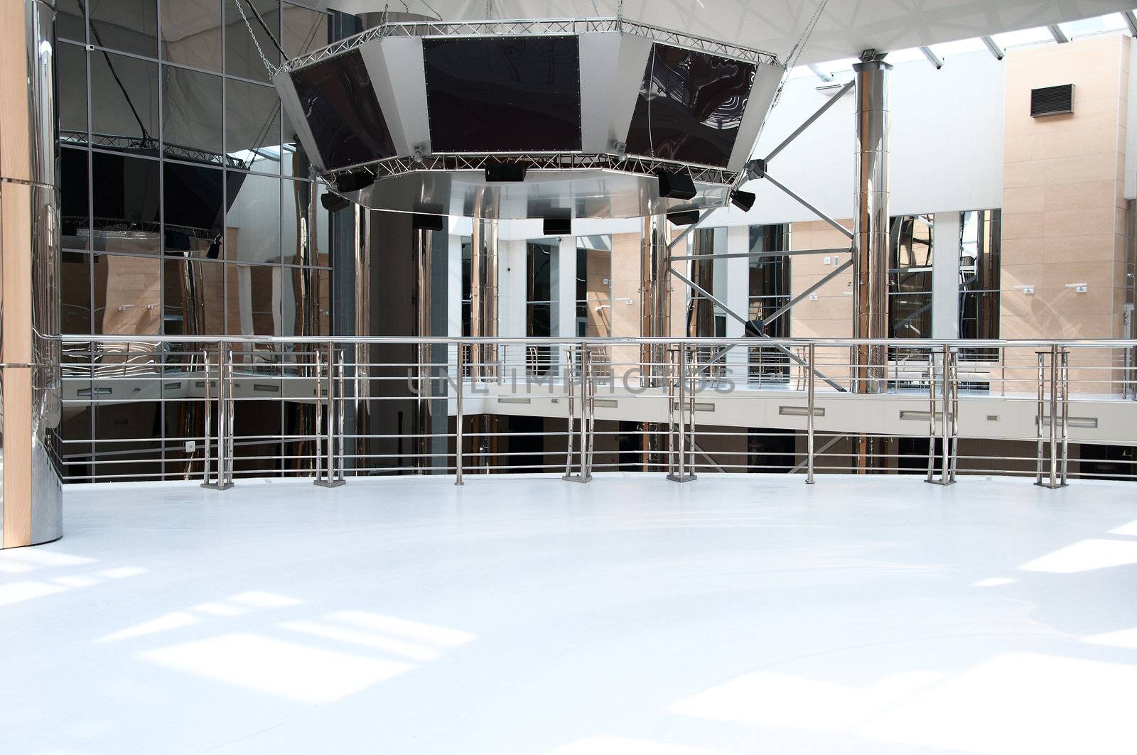 Office interior, the big amphitheater with monitors under a ceiling