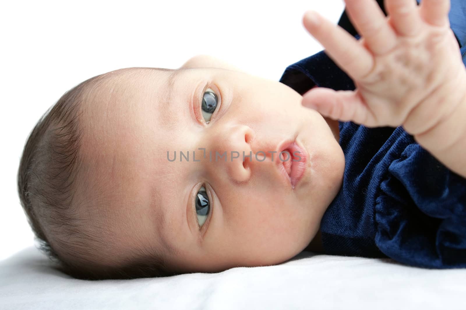 A cute newborn baby infant on a white backdrop cirously looking at her own hand.  Great concept for early childhood development.