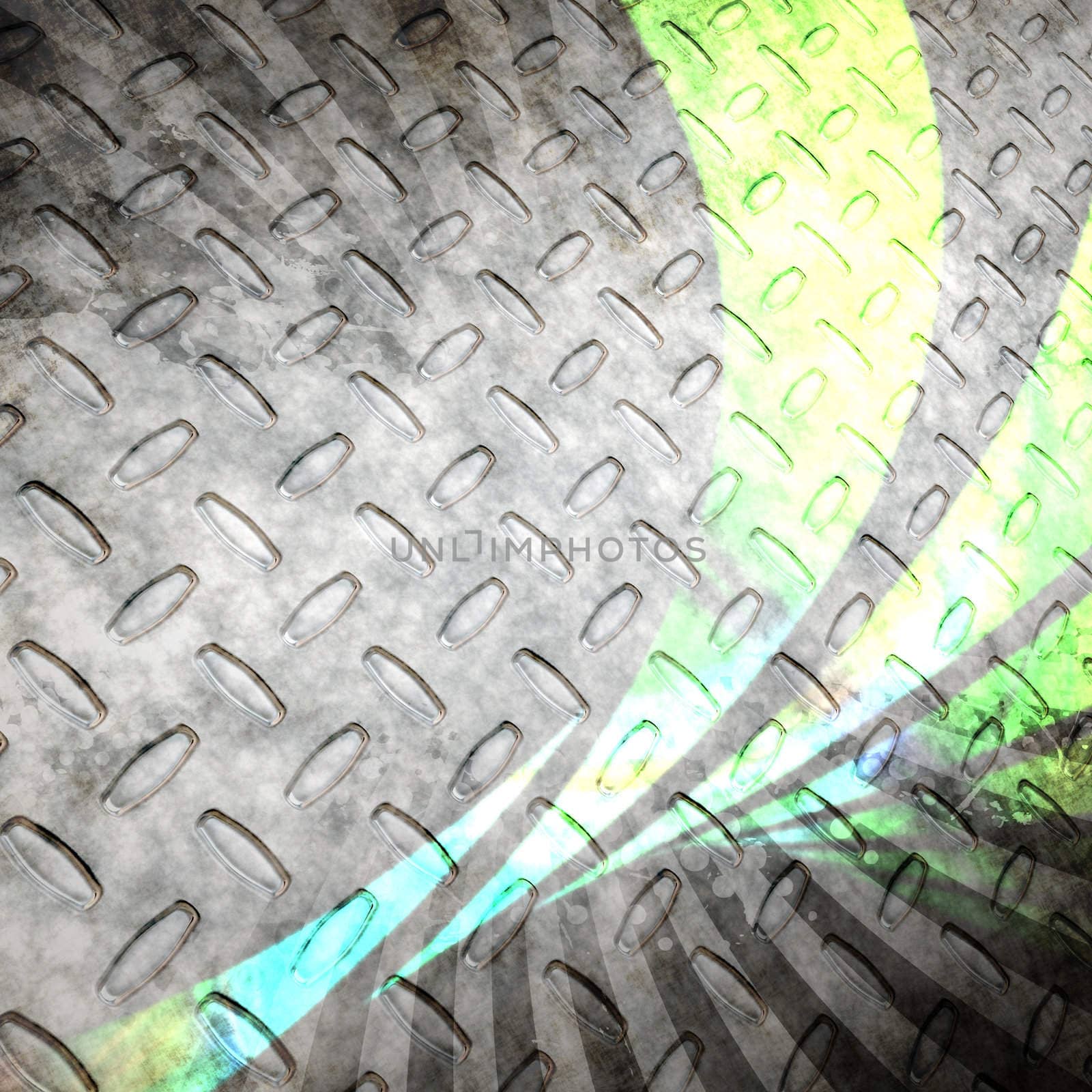 Steel diamond plate texture with green abstract swoosh lines. A grungy industrial style backdrop that works great in any layout.