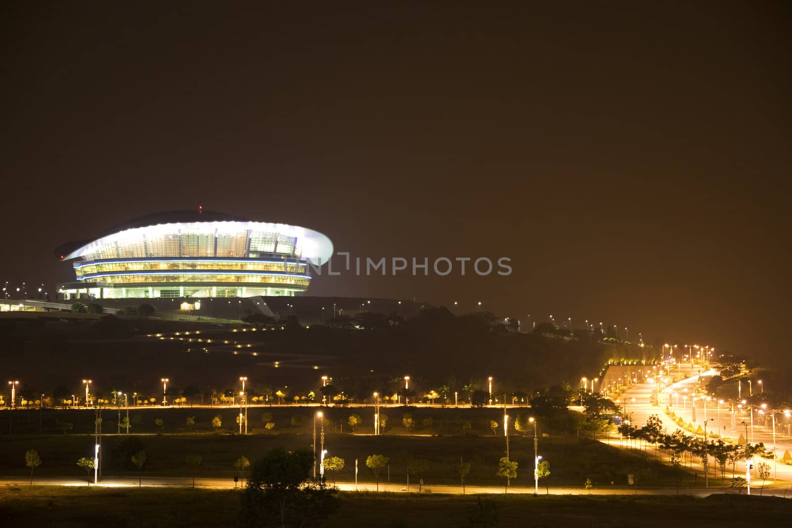Night image of the Putrajaya International Convention Centre building and its vicinity at Putrajaya, Malaysia.