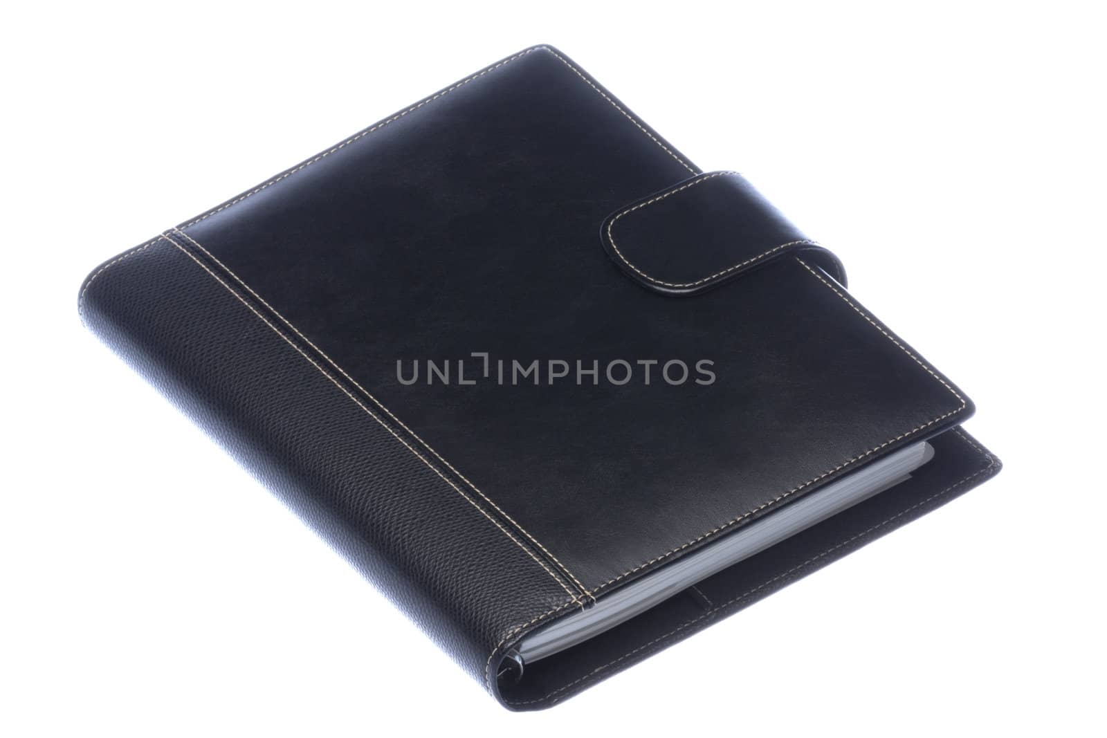 Isolated image of a black leather bound diary.