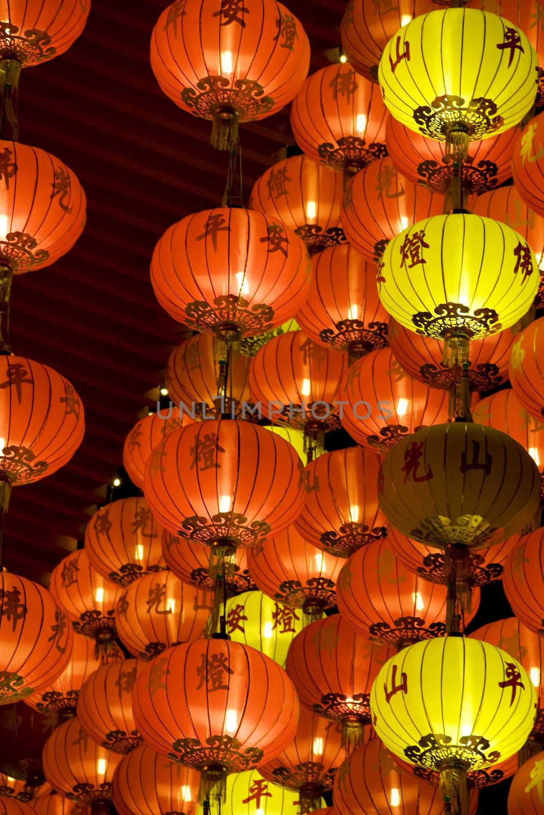 Night image of Chinese New Year lanterns at the Dong Zen Chinese Temple in Malaysia during the Chinese New Year celebration on 26th January 2009.