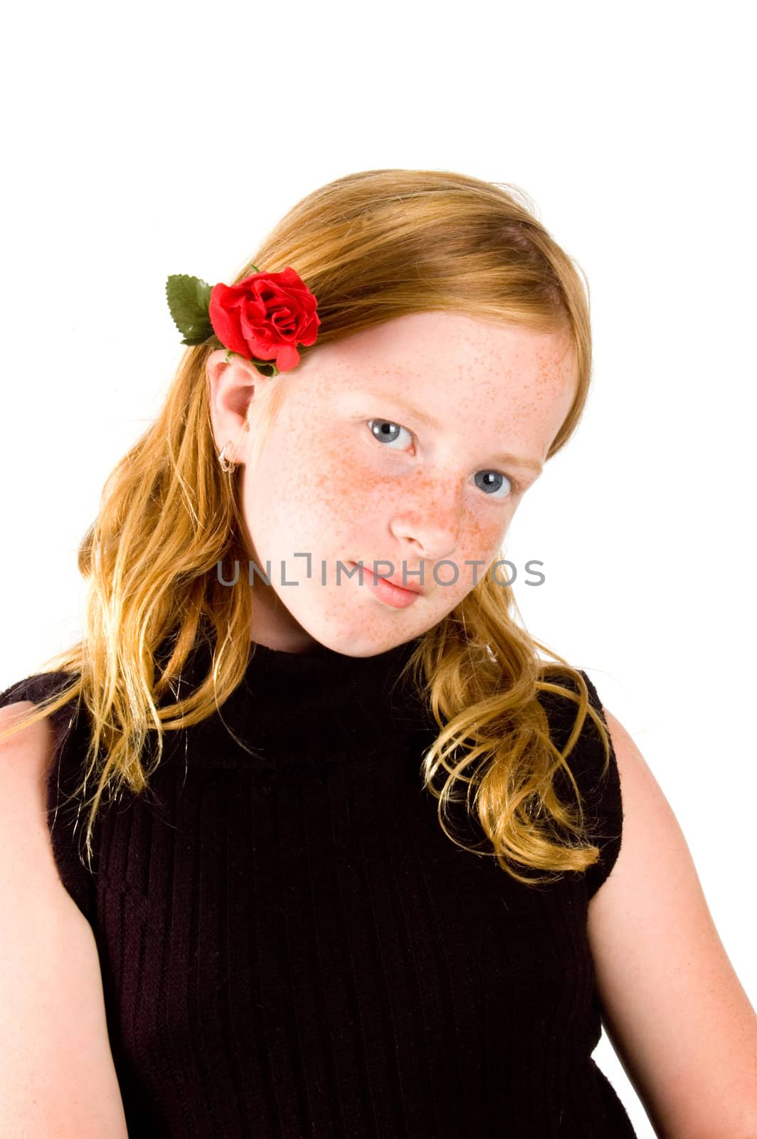 pretty girl with red rose in her hair isolated on white