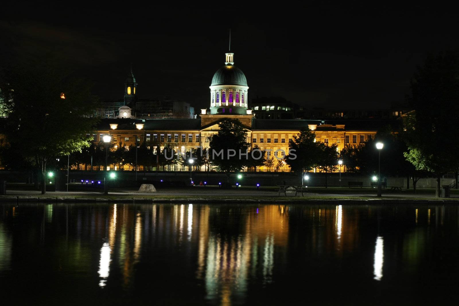 Bonsecours Market of Montreal, Canada at night with a reflection.