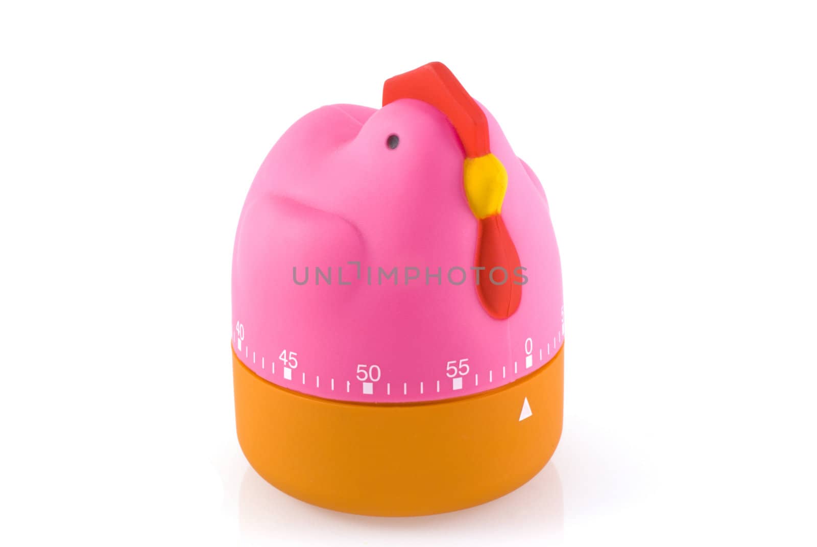 Funny chicken shaped egg timer, isolated on white.