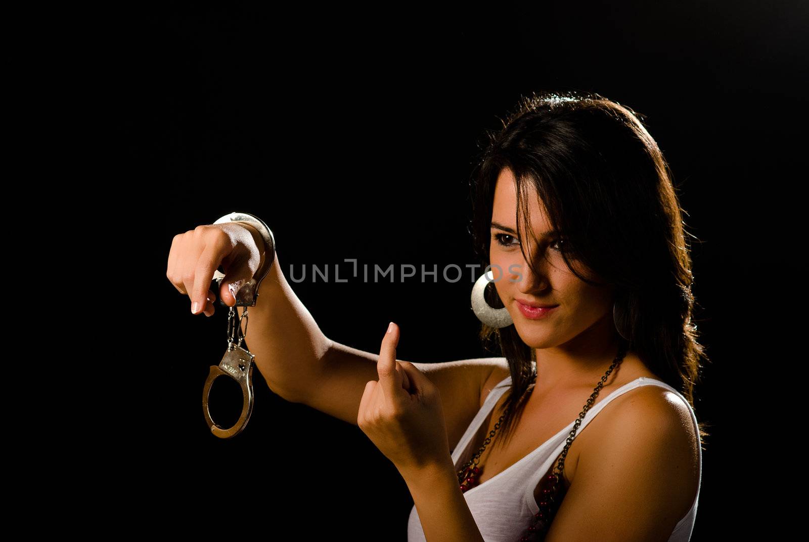 Girl with handcuffs, ready to hunt someone down