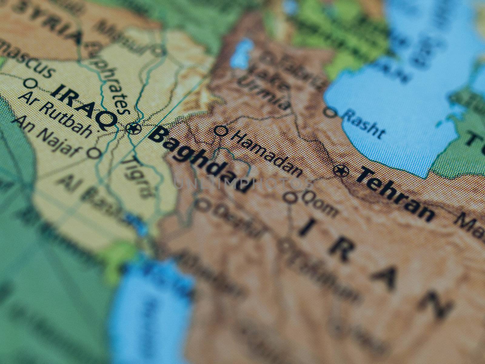 Map of Iraq Iran area with selective focus on Baghdad Iraq