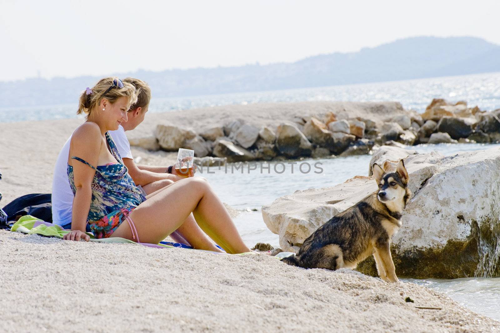 People have a rest at coast of Adriatic sea in Croatia 