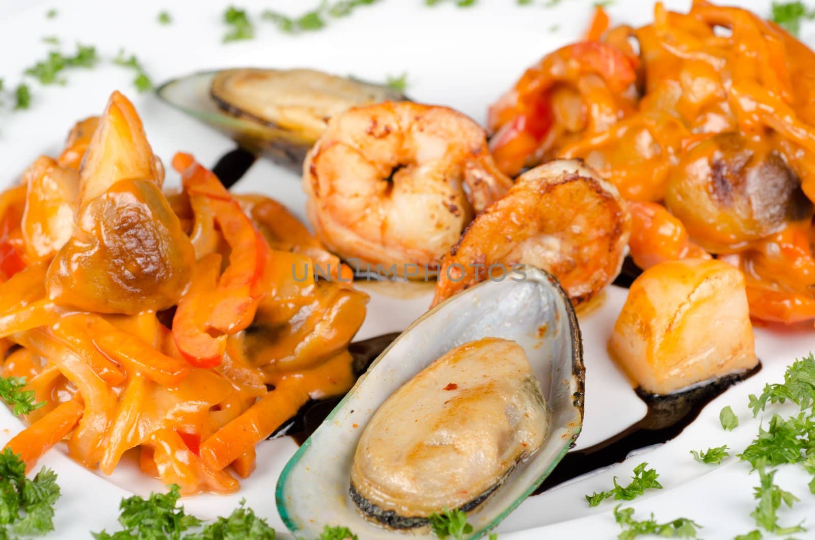 Shrimps mussels and squid tasty seafood dish