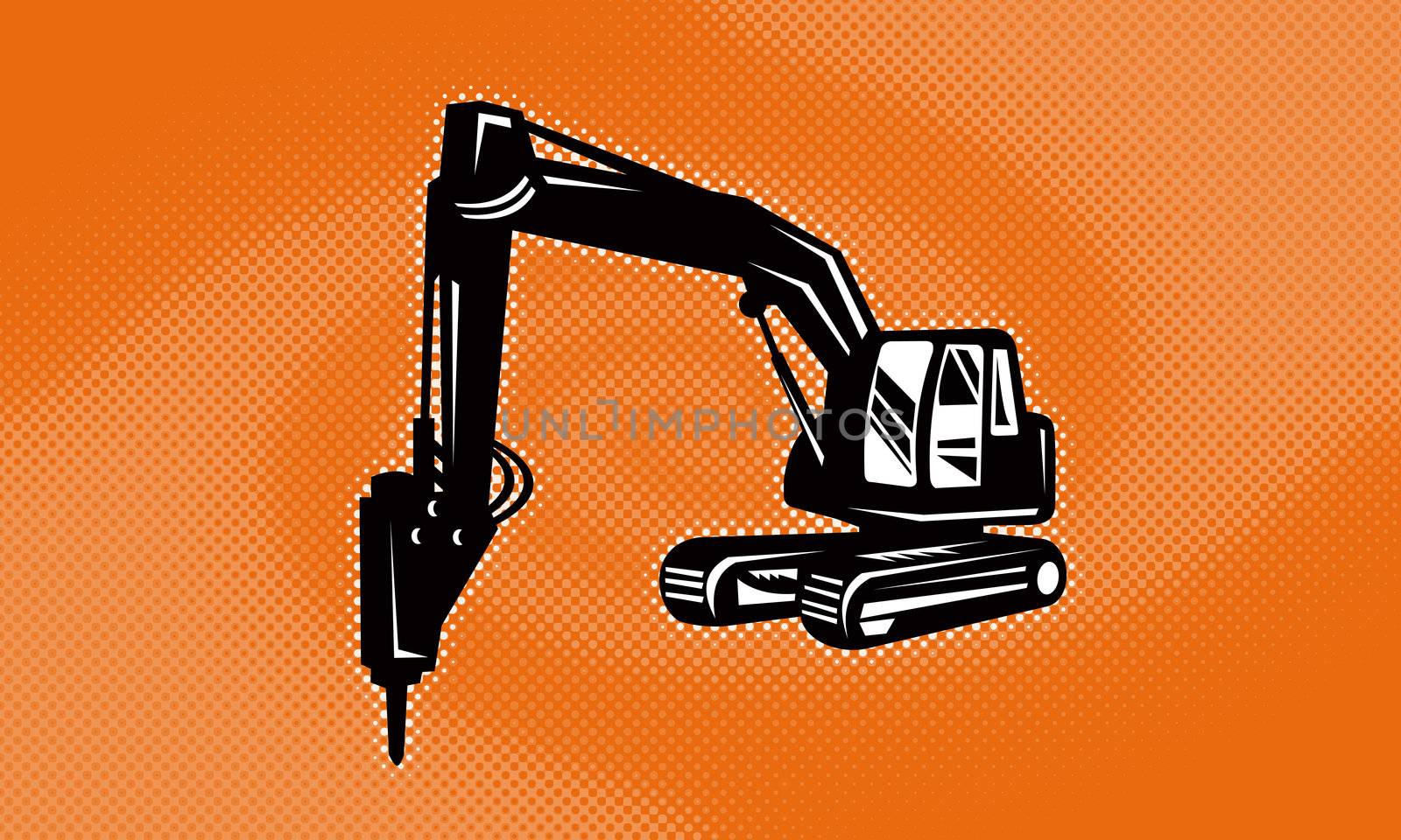 illustration of a construction digger mechanical excavator done in retro style with halftone dot twirl or swirl in background