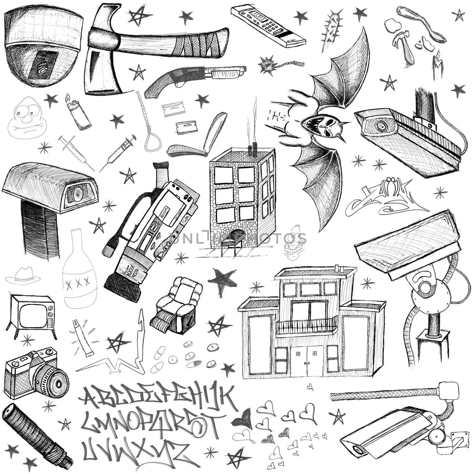 Hand Drawn doodle elements - cameras, drugs, weapons by jeremywhat