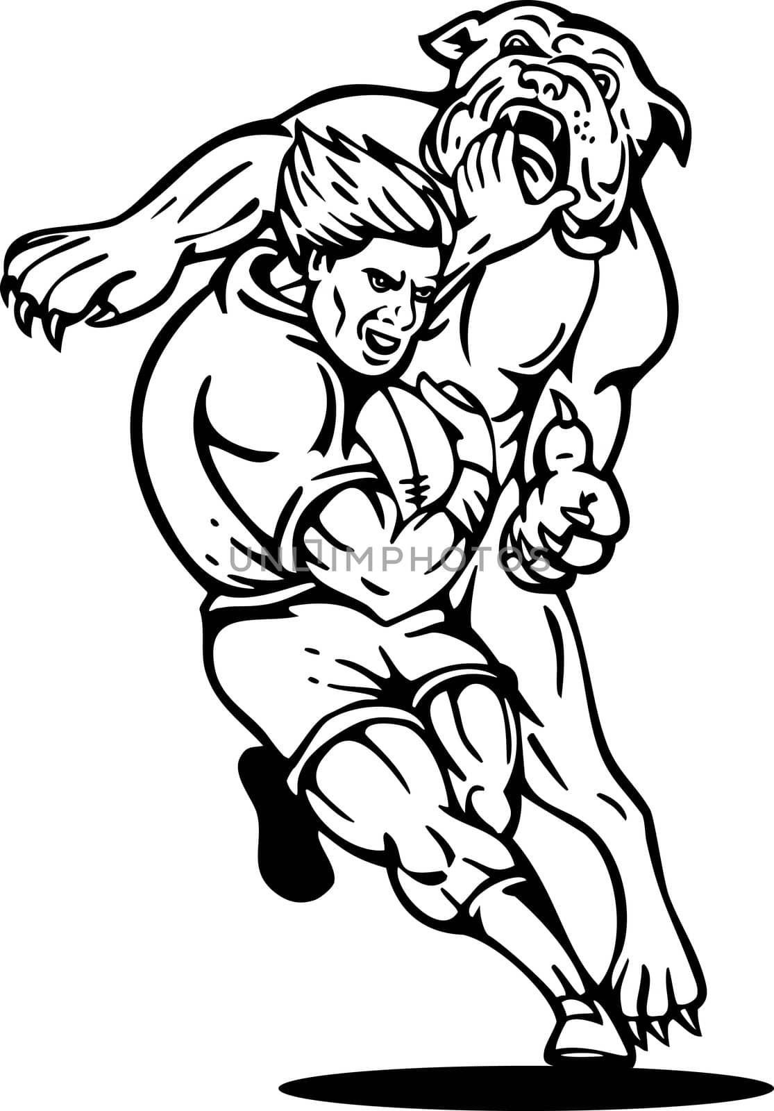 illustration of a rugby player running with the ball tackle attacked by a bulldog on isolated background done in black and white