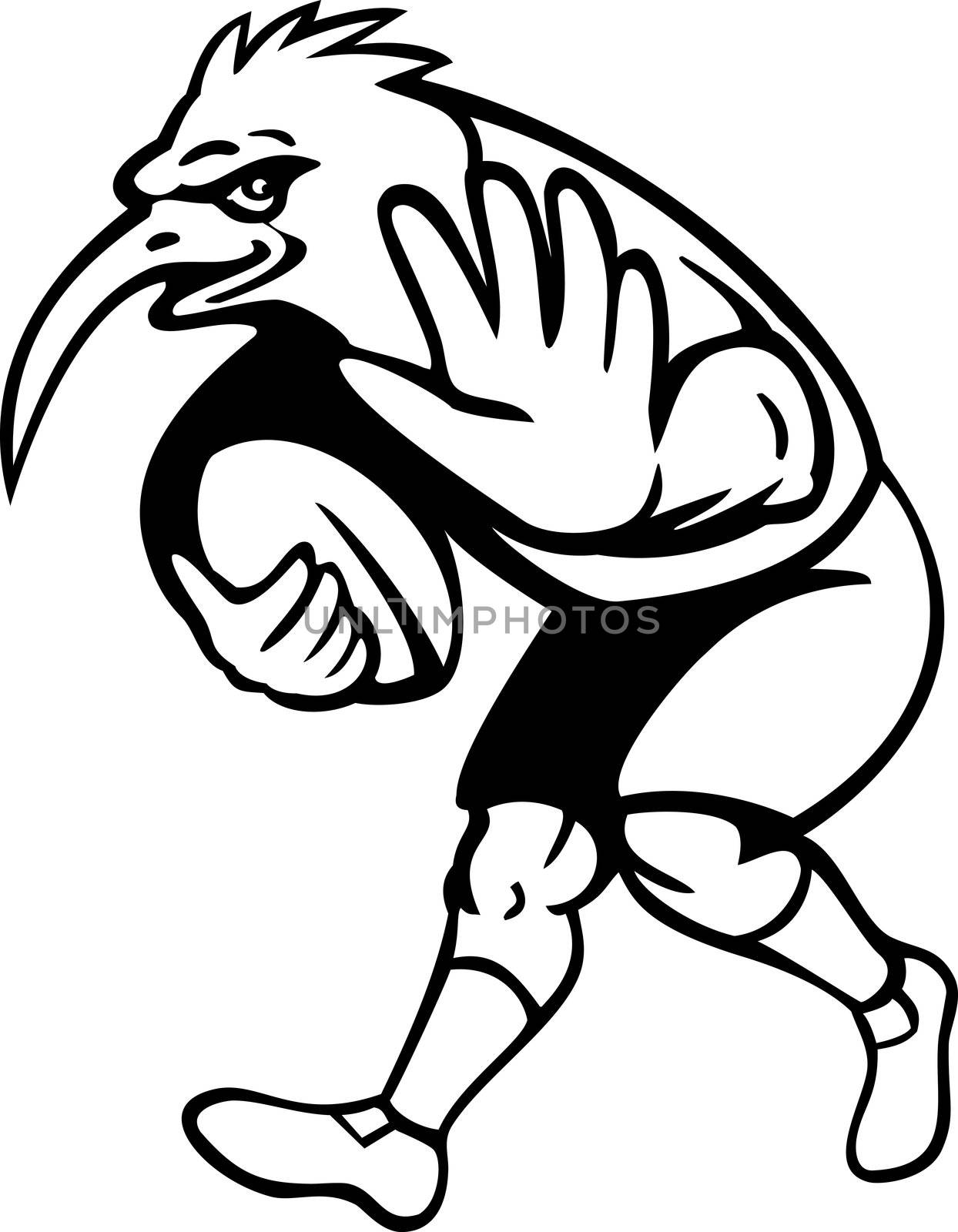 illustration of a cartoon Kiwi bird rugby player with ball fending off done in black and white isolated on white background.