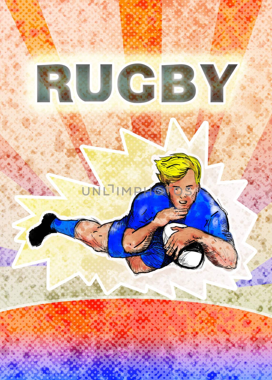 illustration of a Rugby player diving to score a try with grunge  texture and sunburst background and words rugby
