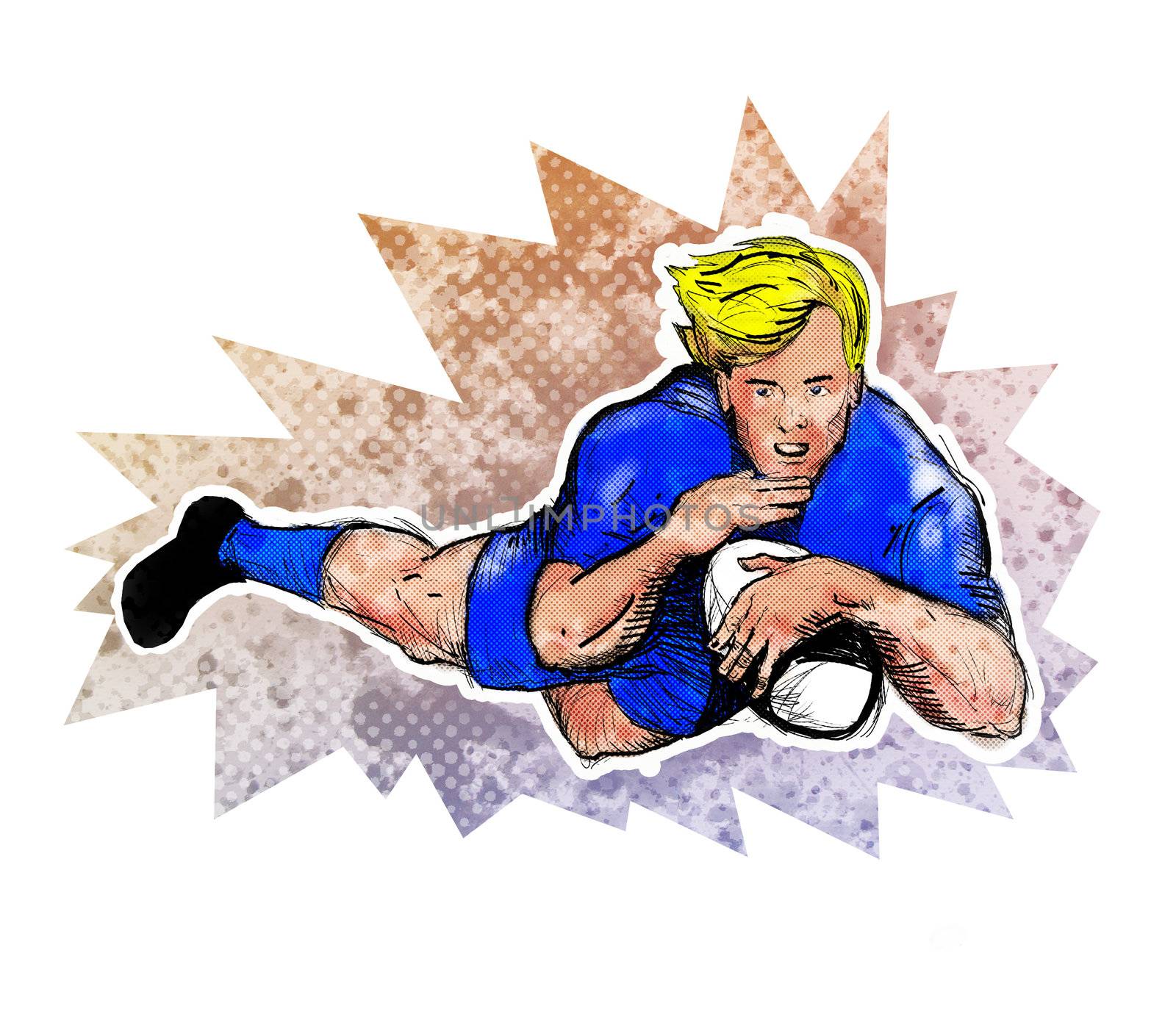 illustration of a Rugby player diving to score a try ball with grunge  texture  background