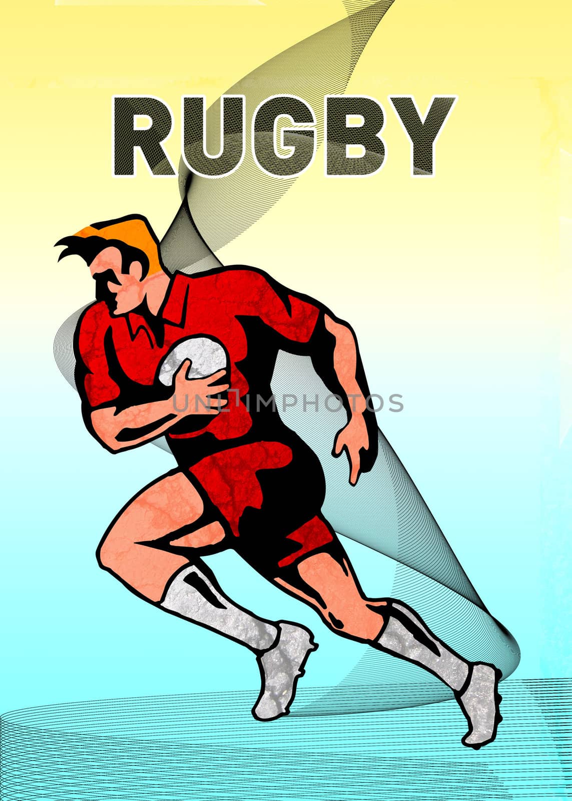 illustration of a rugby player running with the ball on isolated background viewed from side