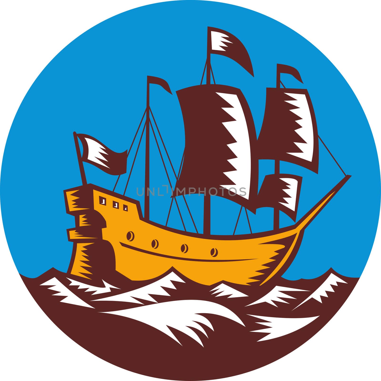 illustration of a Galleon ship sailing done in retro woodcut style set inside circle