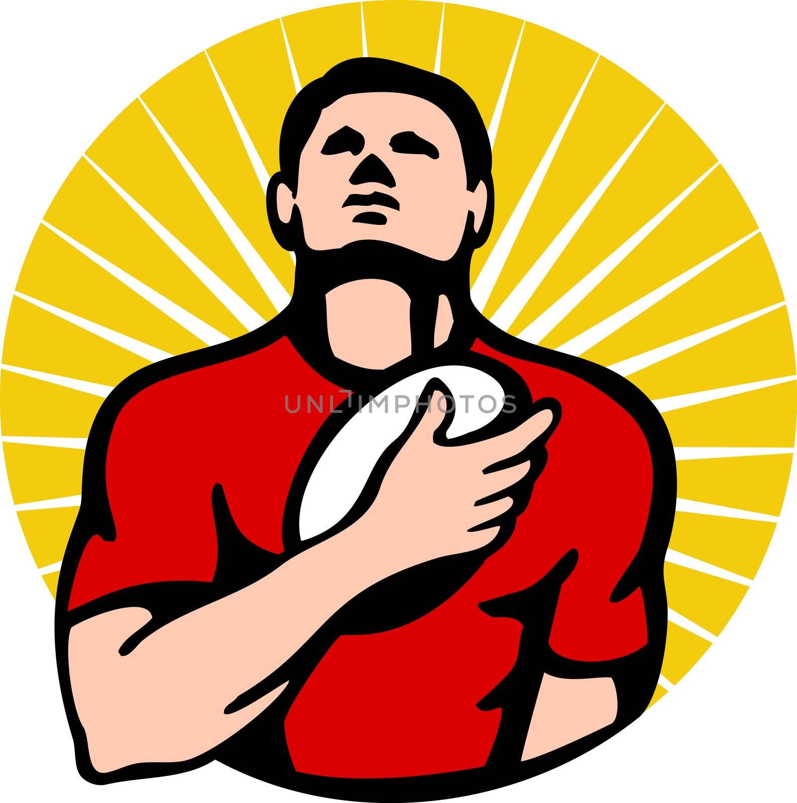 illustration of a rugby player holding the ball on breast set inside circle with sunburst on isolated background 