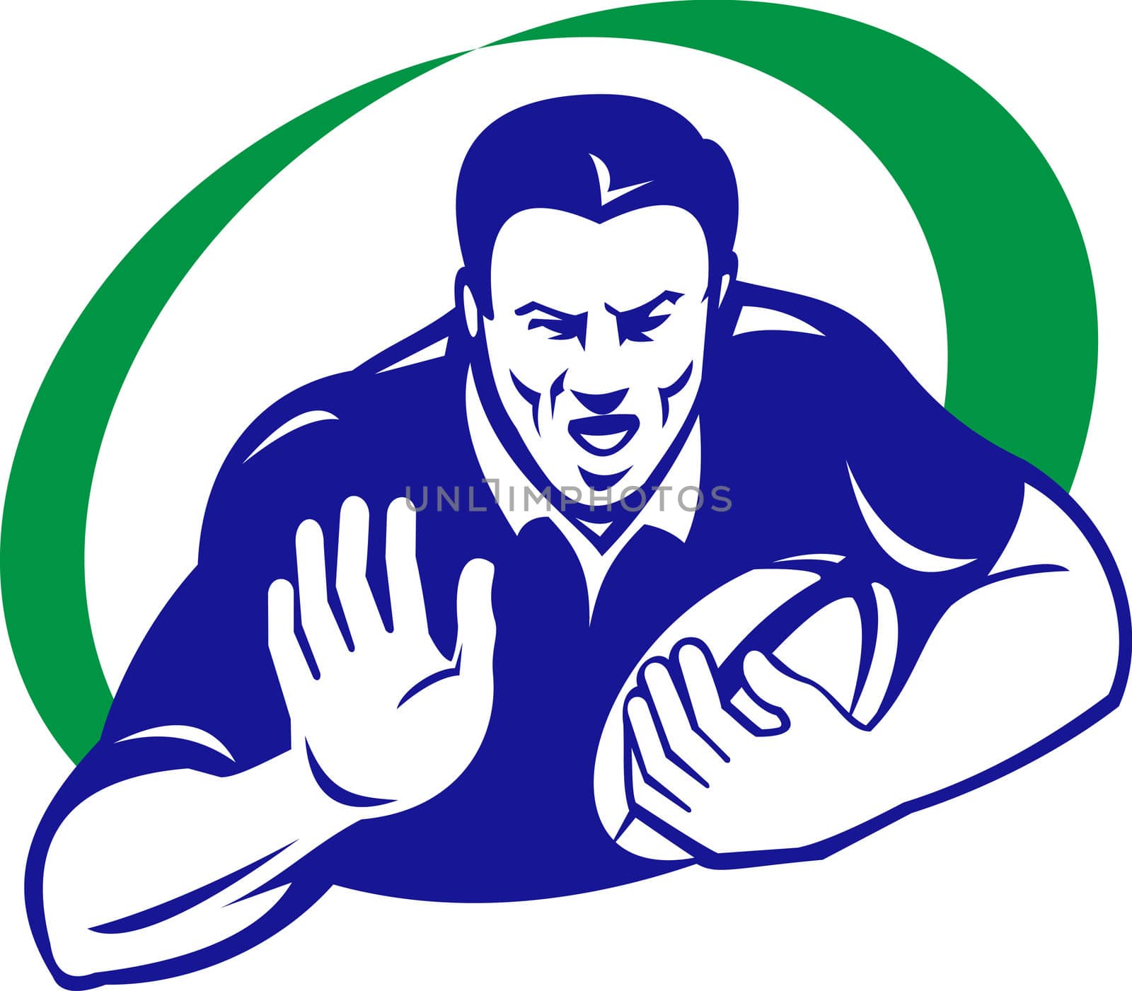 illustration of a rugby player with ball fending off isolated on white background done in retro style