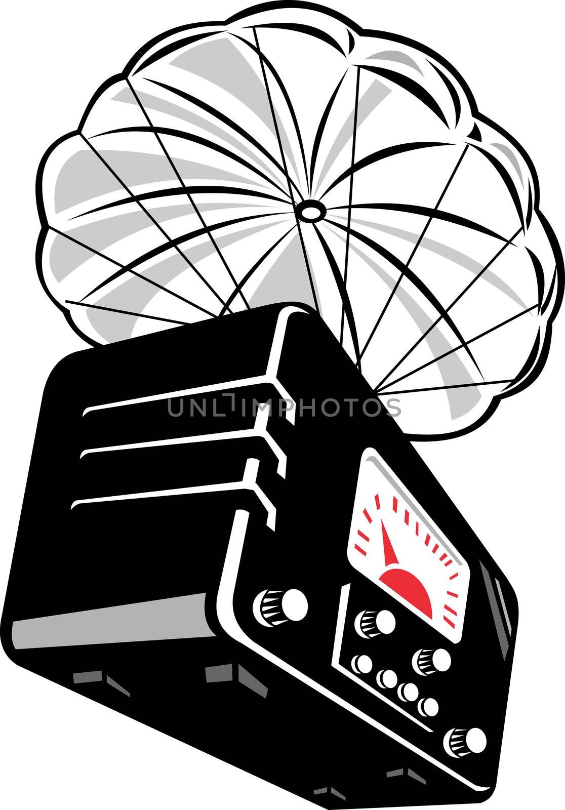 illustration of a vintage radio with parachute isolated on white done in retro style