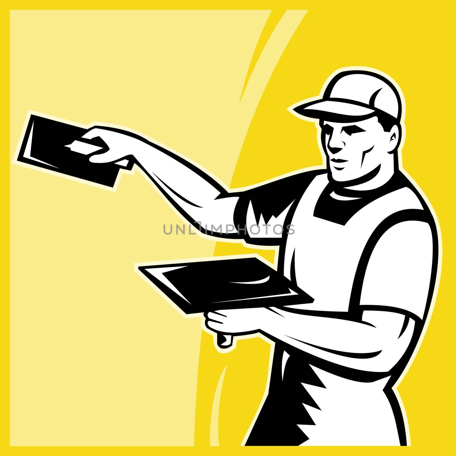 illustration of a tradesman worker plasterer at work done in retro style set inside a square
