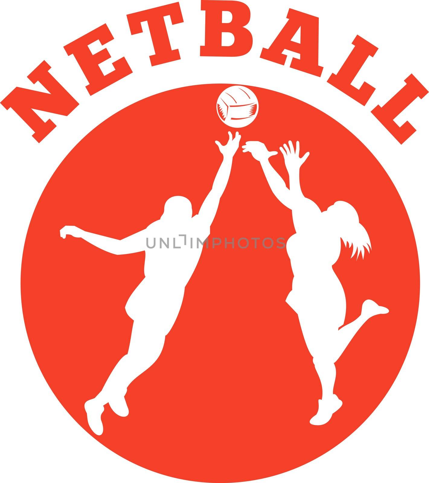 illustration of a netball player jumping and rebounding for ball set inside circle and words "netball"