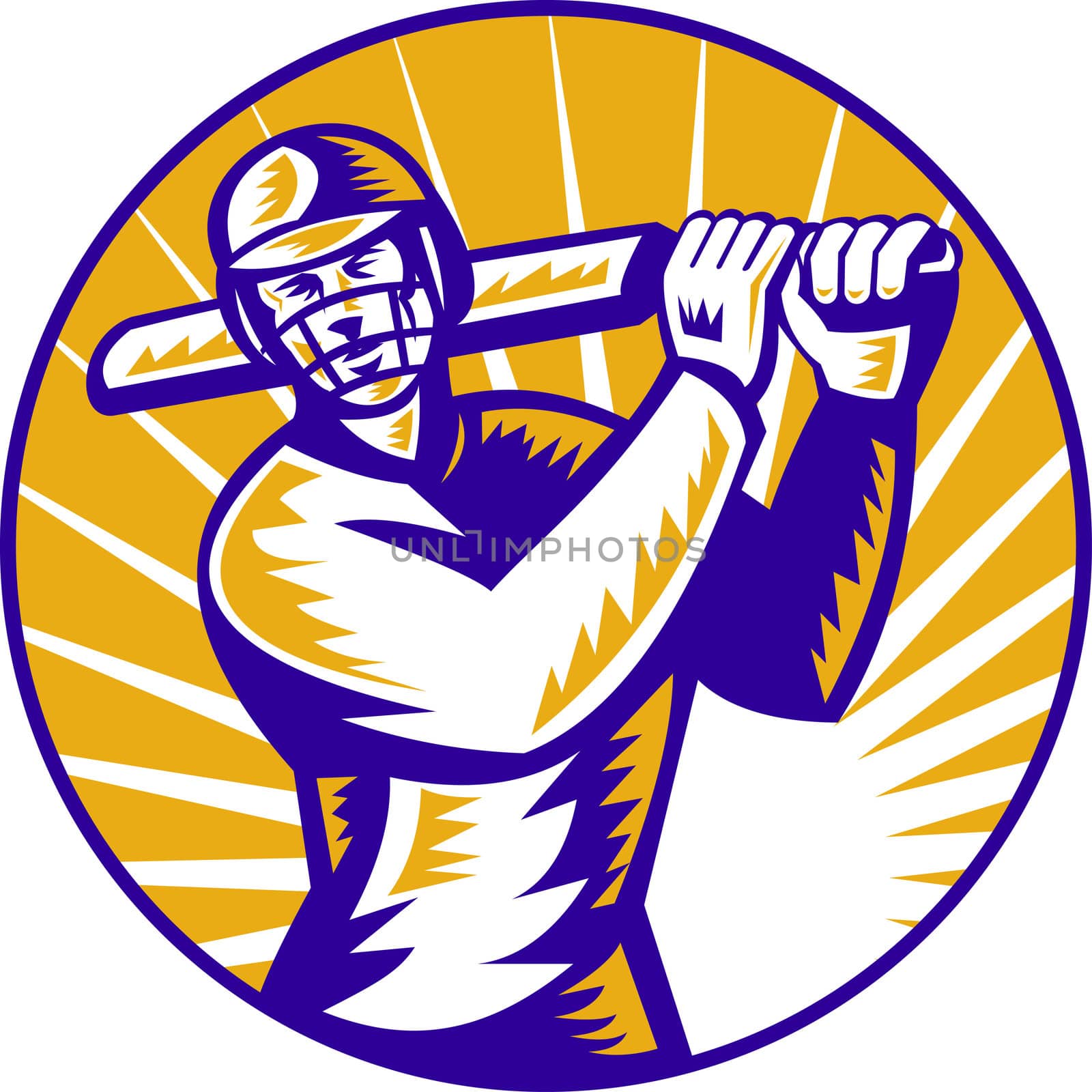 illustration of a cricket batsman batting front view  done in retro woodcut style set inside circle