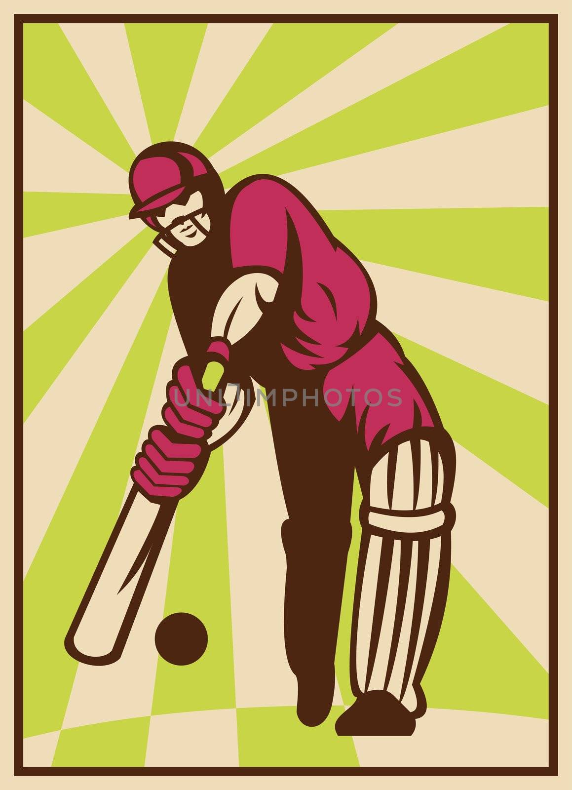 illustration of a cricket player batting ball done in retro style