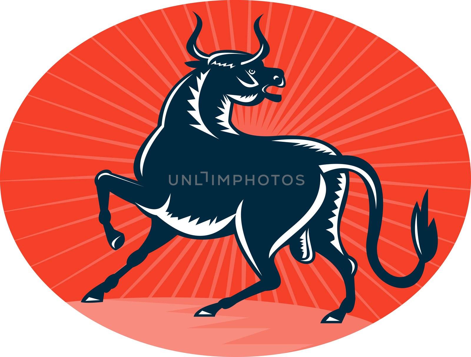 illustration of a Texas Longhorn Bull attacking viewed from side set inside an ellipse done in retro style.