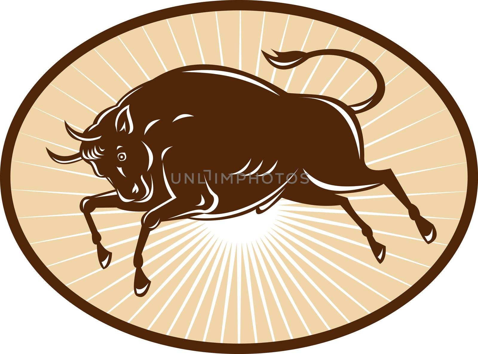 illustration of a Texas Longhorn Bull attacking viewed from side set inside an ellipse done in retro style.