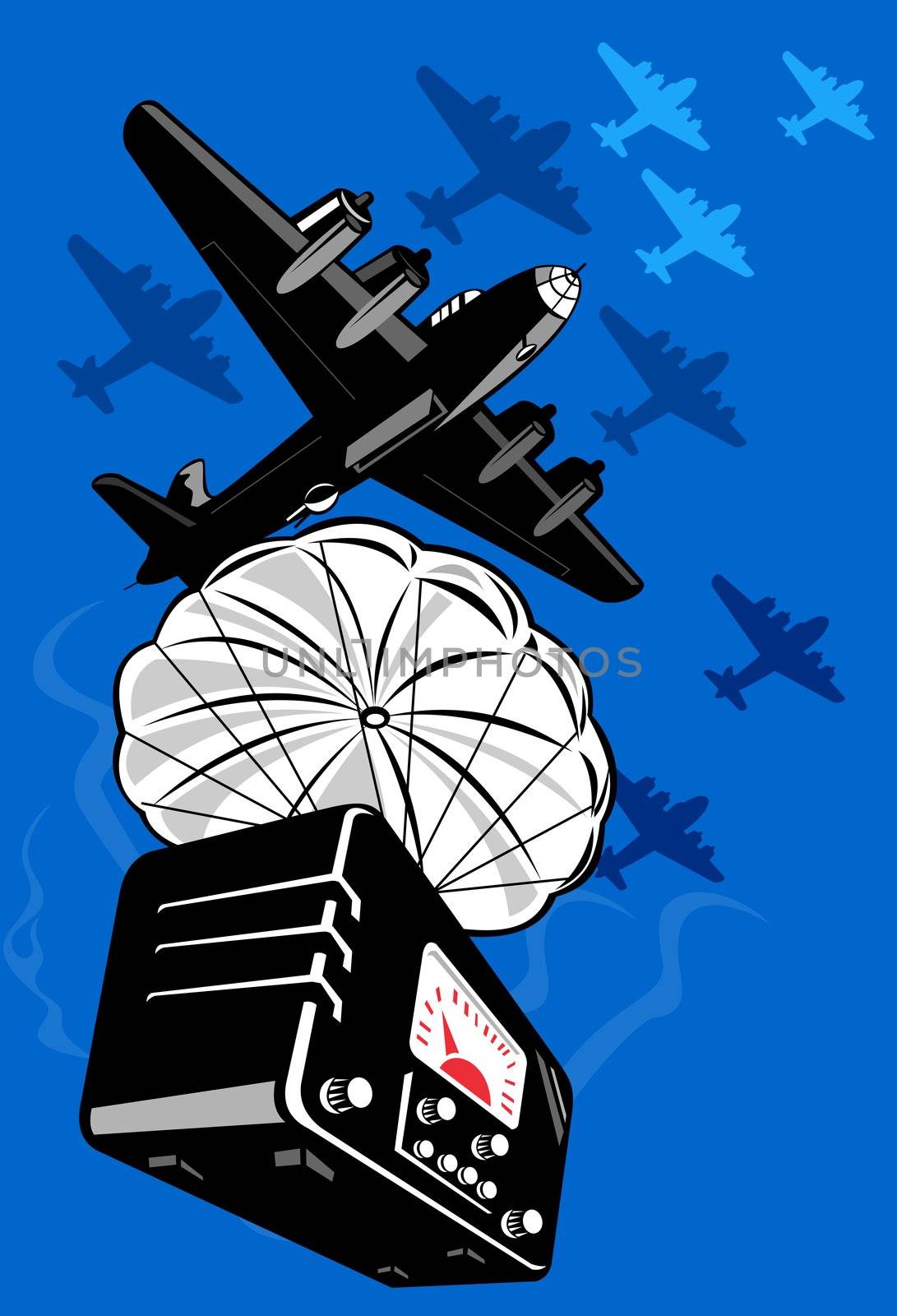illustration of a world war two bomber dropping vintage radio on parachute done in retro style