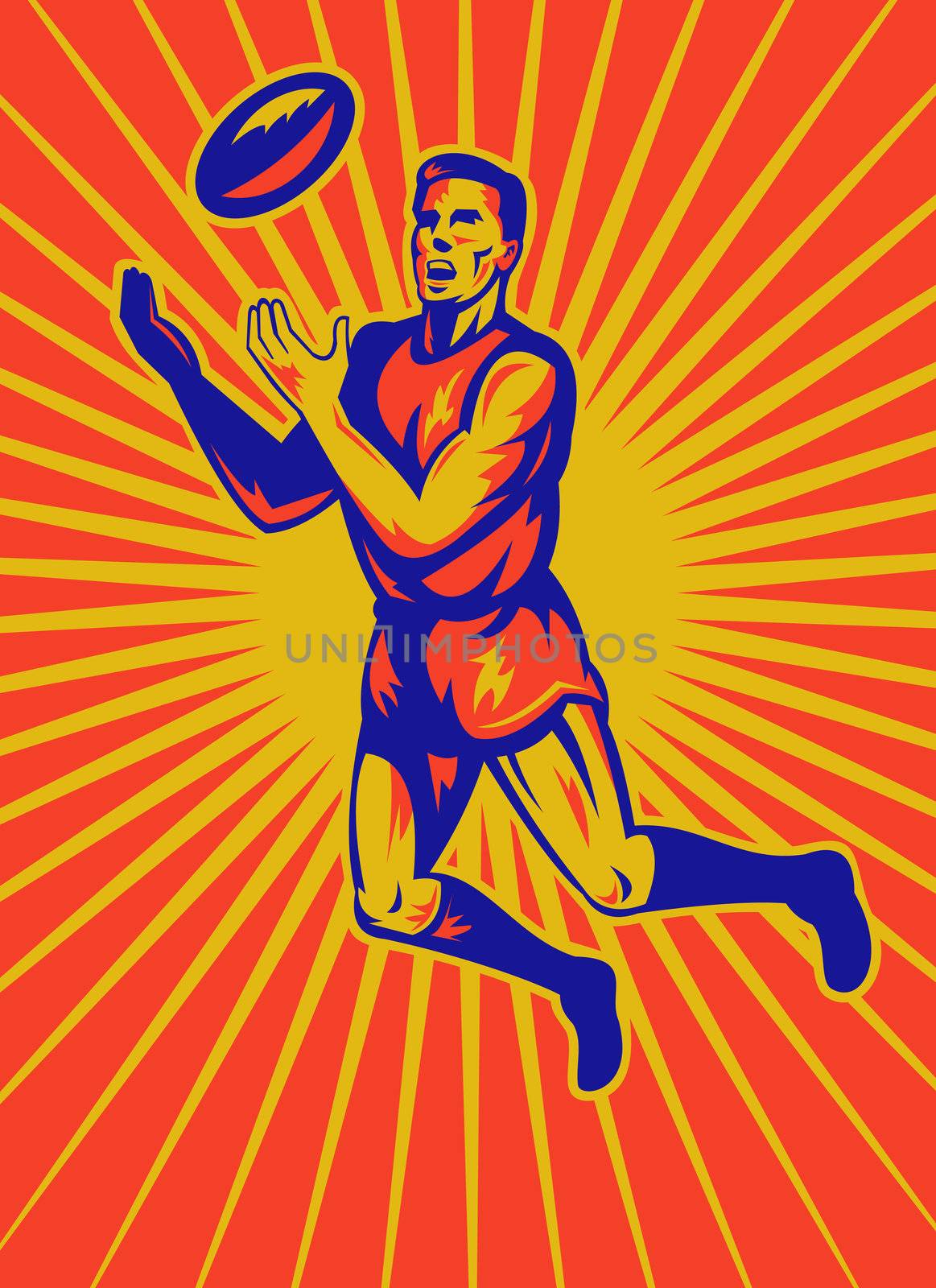 illustration of an aussie rules player jumping catching ball done in retro woodcut style.