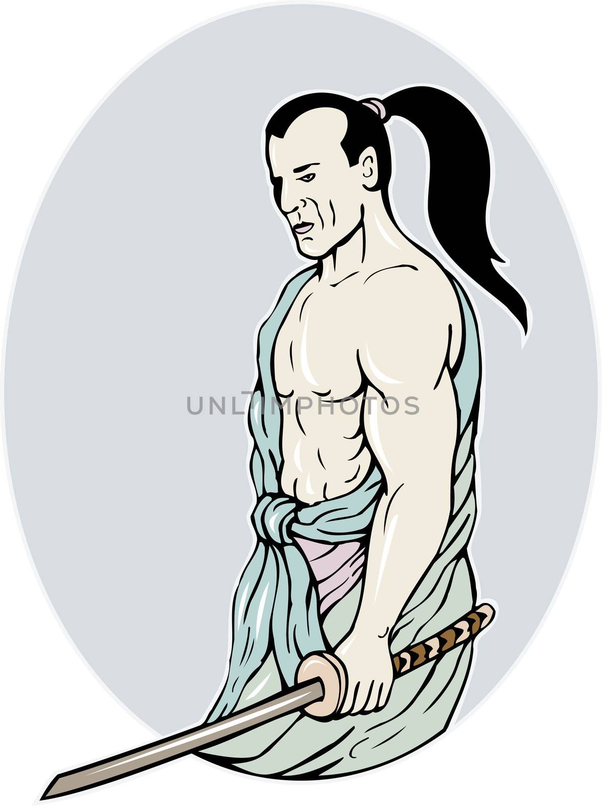  illustration of a Samurai warrior with katana sword in fighting stance done in cartoon style