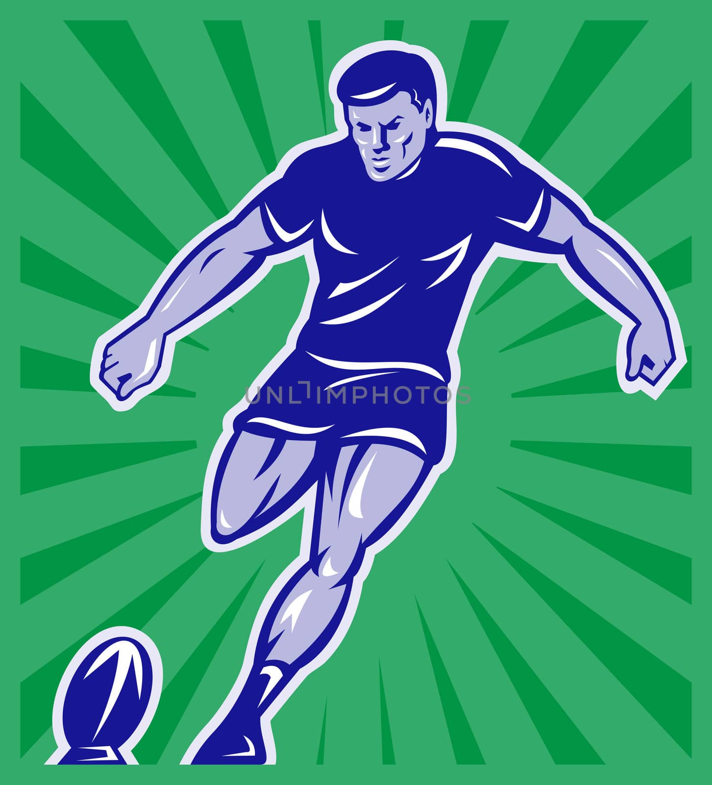 illustration of a rugby player kicking ball front view with sunburst in background done in retro style